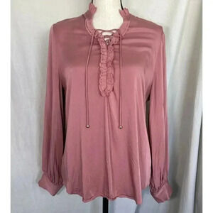 Chicos Dusty Pink Ruffled Blouse Lace-Up Silky Modal Size 1 Medium 8-10 Romantic